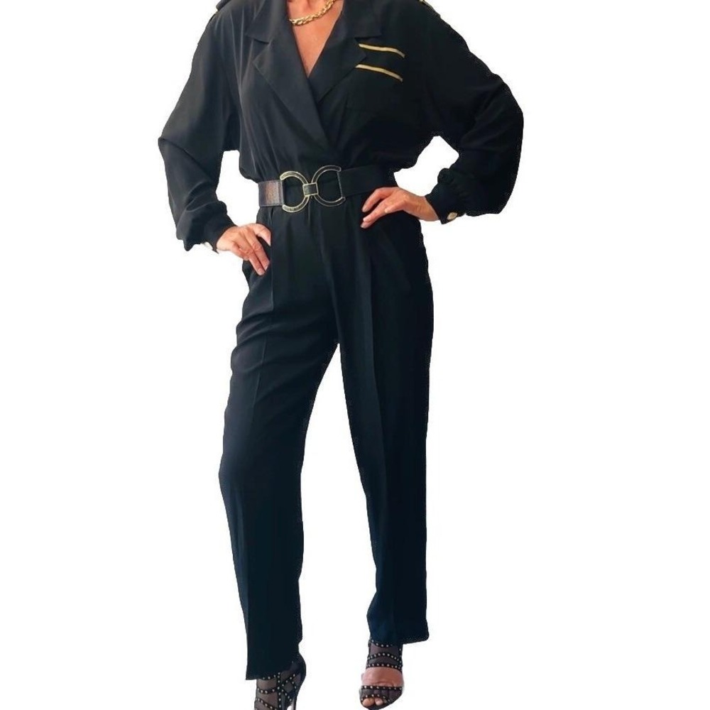 Caron Chicago Vintage 80's Black And Gold Military Jumpsuit Sz S‎